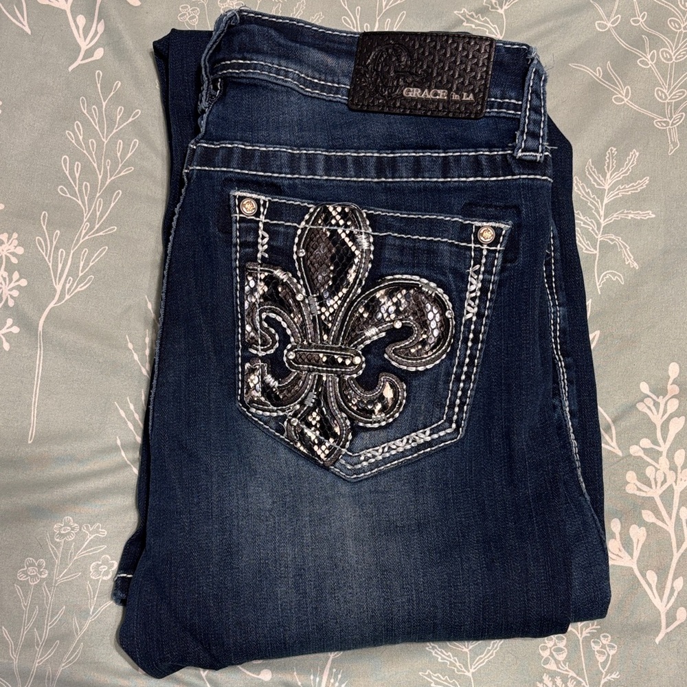 Grace in LA Dark Blue Boot Cut Jeans with Silver Accents